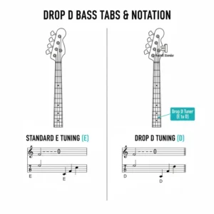 Musical staff and tabs showing the lower note range achieved by using a drop d bass tuner.