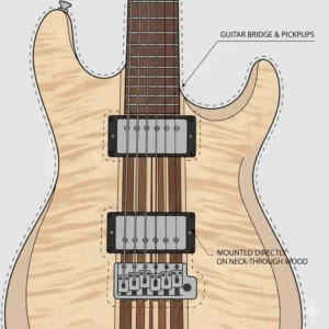 Macro view of the bridge and pickups mounted directly onto the center block of a neck through guitar.