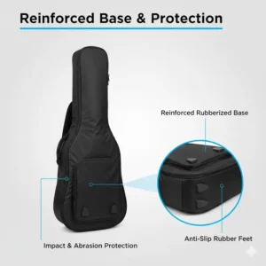 Illustration of the reinforced rubberized base and anti-slip feet on the bottom of a gig bag acoustic.