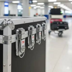 Secure TSA-approved locking latches on a high-quality multi guitar case.