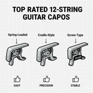 A collection of different styles and brands representing the best capo for 12 string guitar.