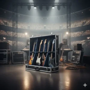 A guitar vault case standing backstage at a concert venue ready for a performance.