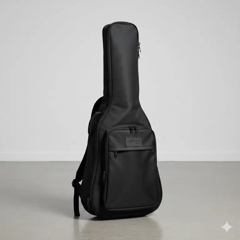 A professional black padded soft guitar case with backpack straps and storage pockets.