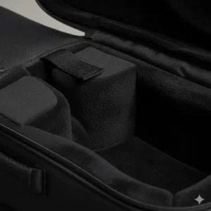 Close-up of the thick protective interior foam padding inside a soft guitar case.