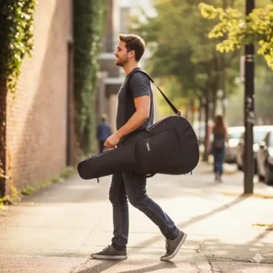 A musician walking on a city street carrying an acoustic guitar in a soft guitar case.