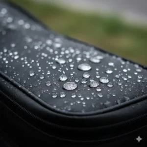 Detailed shot of water droplets on the water-resistant fabric of a soft guitar case.