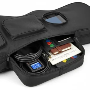 Front view showing multiple accessory pockets on a soft guitar case filled with music gear.