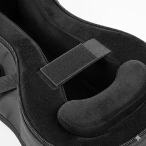 Interior view showing the dedicated neck support strap and cradle of a soft guitar case.