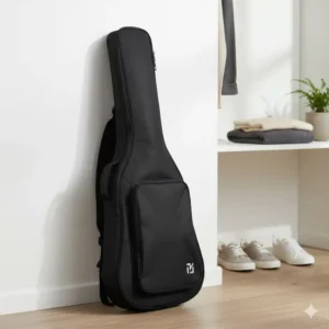 A soft guitar case leaning against a white wall in a room for compact home storage.