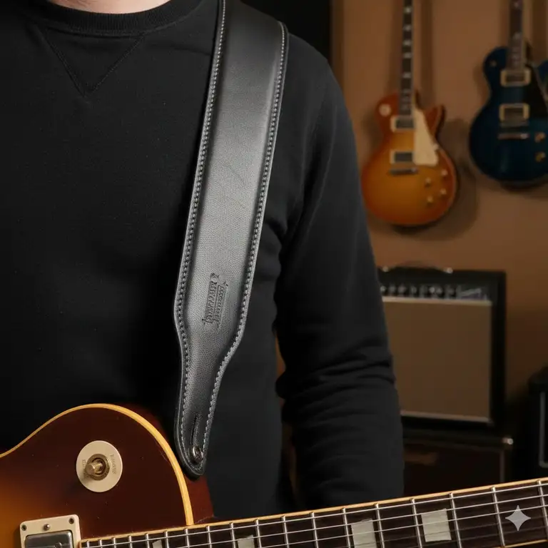 Premium leather 4 inch wide guitar straps on an electric guitar for maximum comfort.