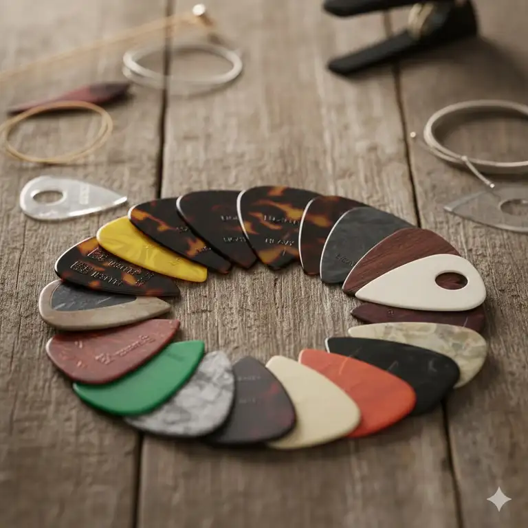 A wide assortment of the best plectrums in different colors and shapes arranged on a wooden surface.