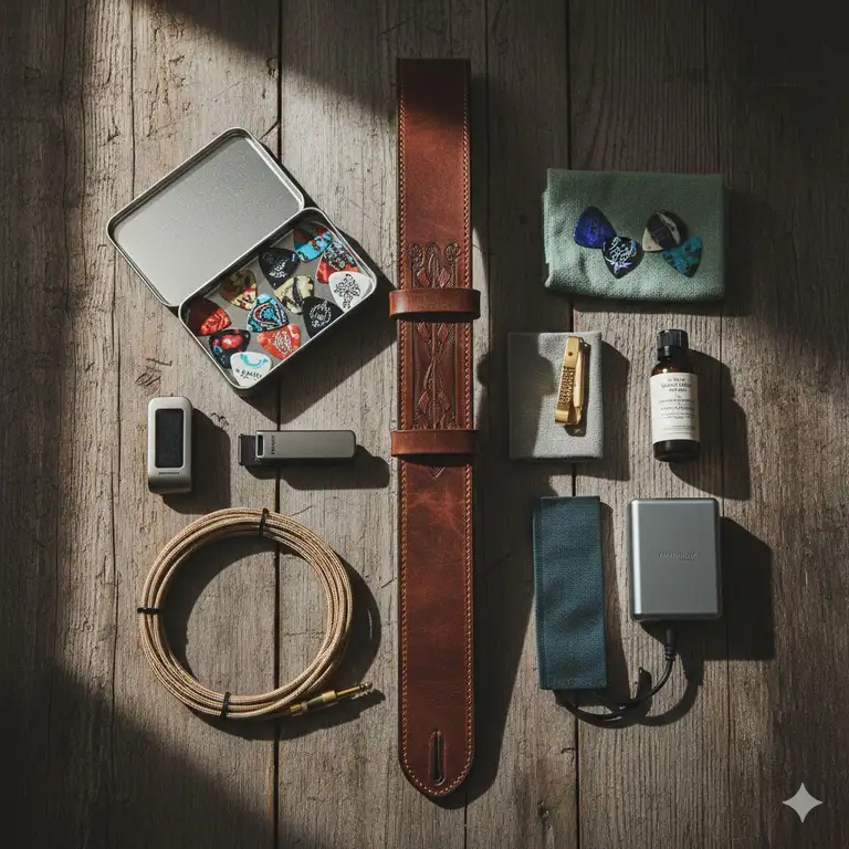 A premium collection of cool guitar accessories including a leather strap, custom picks, and a clip-on tuner on a wooden background.