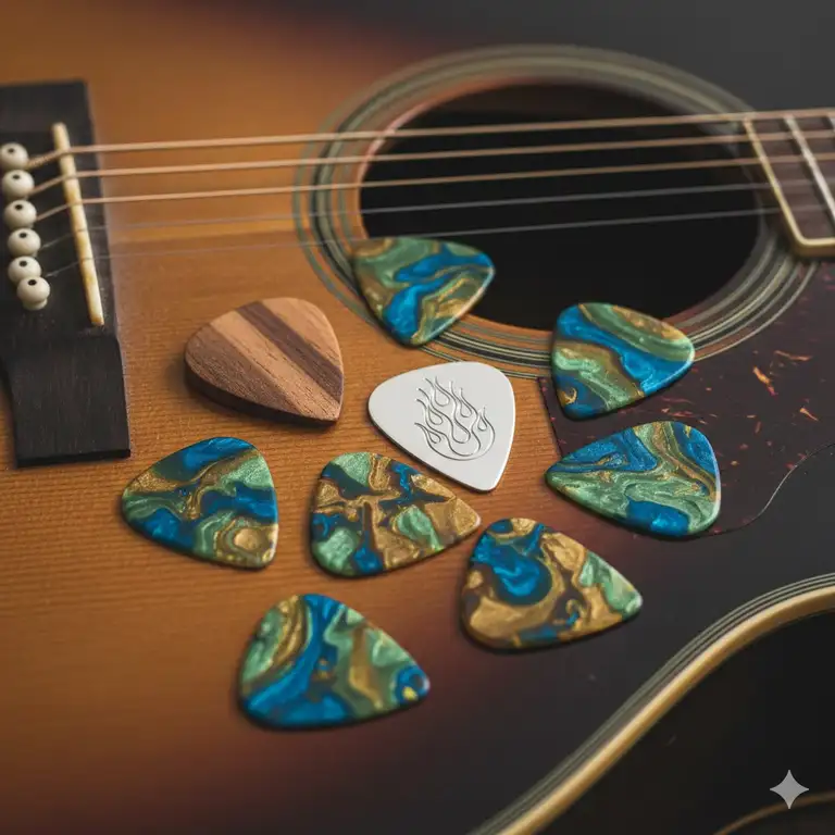 A professional collection of various unique and cool picks for guitar displayed on an acoustic instrument.