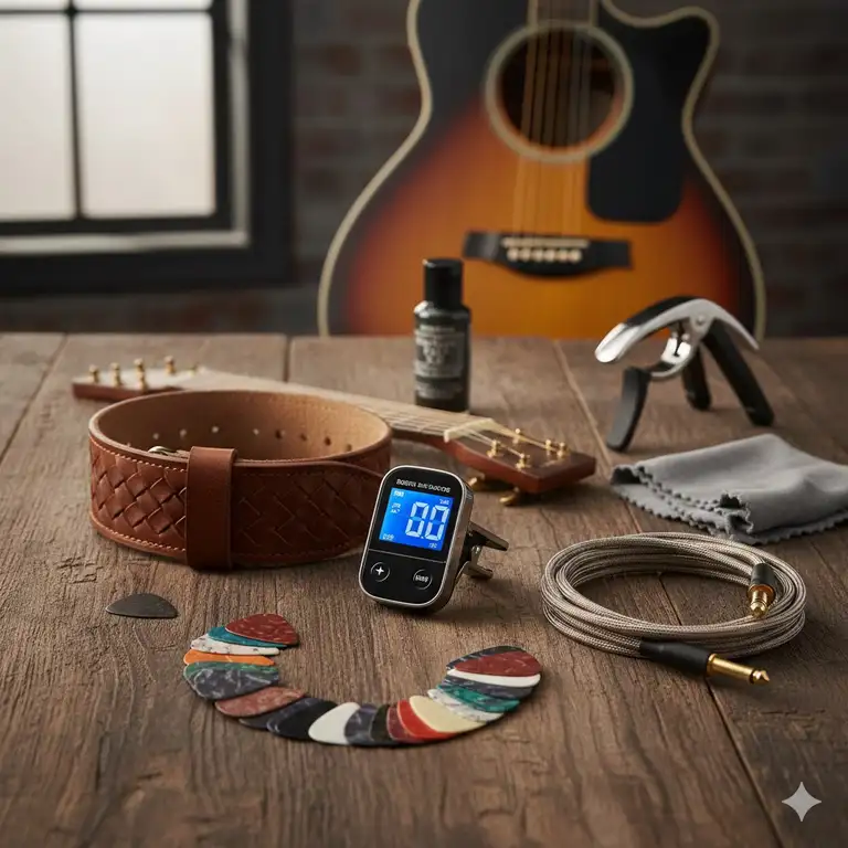 A complete collection of good guitar accessories including a strap, tuner, and picks on a wooden table.