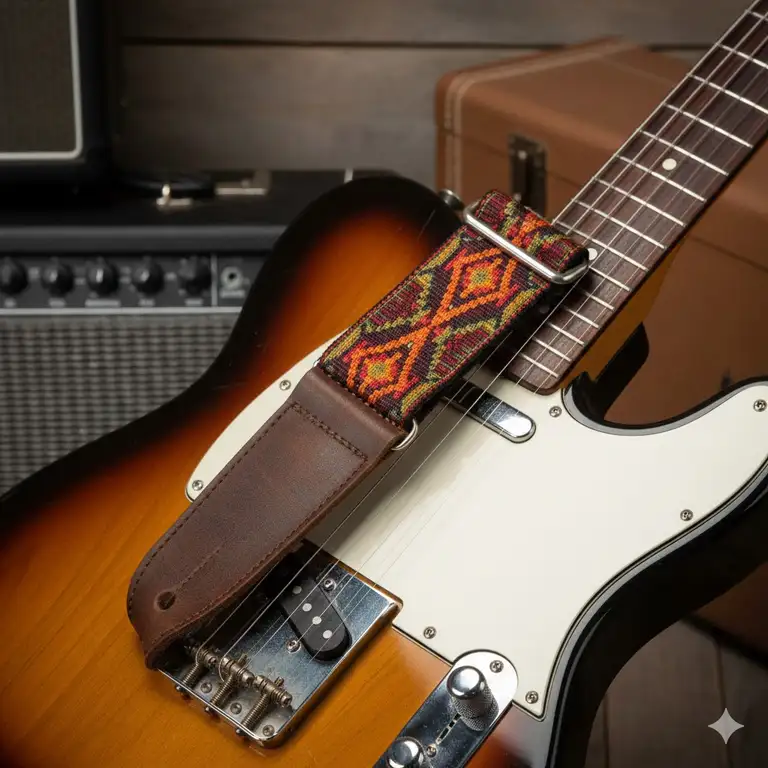 A high-quality sunburst electric guitar equipped with colorful vintage guitar straps featuring classic woven patterns.
