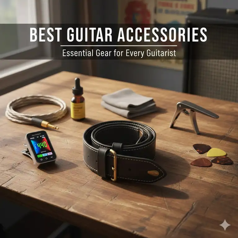 A collection of the best guitar accessories including a tuner, capo, and picks on a wooden table.
