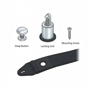 Detailed diagram showing the individual components of high-quality bass guitar strap locks.