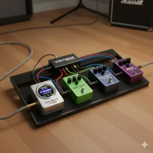 A high-quality pedalboard setup featuring the best electric guitar accessories like power supplies and patch cables.