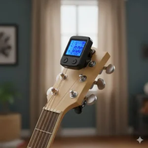 A digital clip-on tuner for headstock, considered one of the most good guitar accessories for beginners.