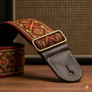 Close-up of Hootenanny style vintage guitar straps with intricate bohemian embroidery and retro red-gold patterns.