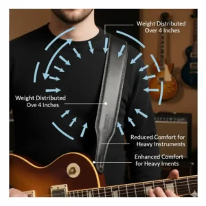 A technical diagram showing how 4 inch wide guitar straps distribute weight across the shoulder.