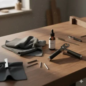 Complete maintenance kit with cleaning oil and cloths, showing professional cool guitar accessories for fretboard care.