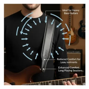 Professional bassist using 4 inch wide guitar straps to support a heavy instrument during a session.
