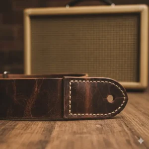 Detailed view of the durable distressed leather ends on premium vintage guitar straps for heavy electric guitars.