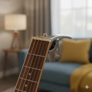 A professional metal capo attached to an acoustic guitar neck, a must-have among good guitar accessories.