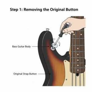 Step-by-step illustration of removing a factory button to install new bass guitar strap locks.