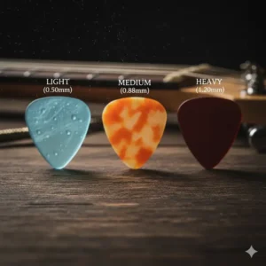 A thickness gauge guide showing light to heavy options for the best plectrums available.