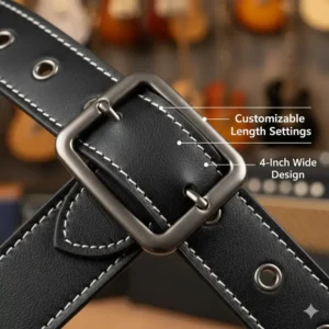 Close-up of the metal buckle on adjustable 4 inch wide guitar straps for custom fit.