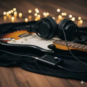 Portable headphone amplifier connected to an electric guitar, a must-have among cool guitar accessories for silent practice.