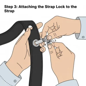 Tutorial image showing how to attach the locking nut of bass guitar strap locks to a leather strap.