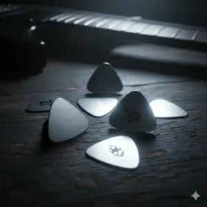 Durable polished metal and stainless steel plectrums acting as heavy-duty cool picks for guitar.