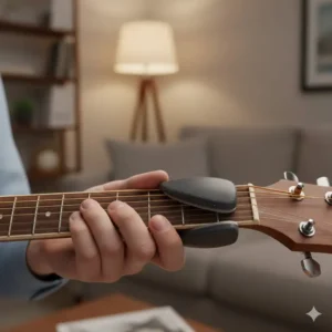 Using a specialized string cleaning tool to maintain tone, an essential part of good guitar accessories.