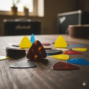 A variety of colorful plectrums showing why picks are among the best guitar accessories to own.