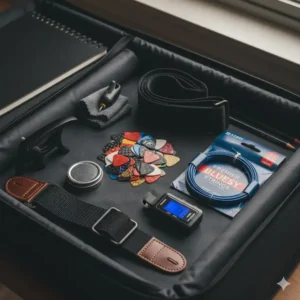 A gig bag organized with the best electric guitar accessories including picks, a capo, and spare strings.