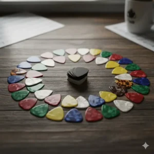 A variety of multi-colored guitar picks in different thicknesses, which are simple yet good guitar accessories.