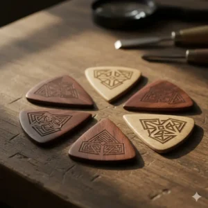 Handcrafted wooden plectrums with custom engravings showing natural and cool picks for guitar.