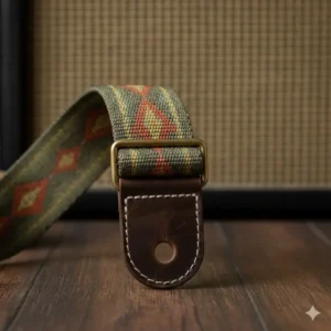 Close-up of the adjustable silver metal slide buckle hardware found on authentic vintage guitar straps.