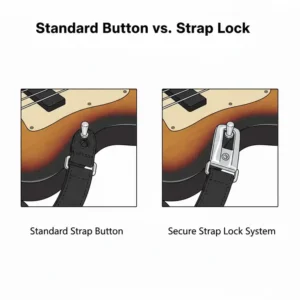 Comparison between a standard strap button and a secure set of bass guitar strap locks.