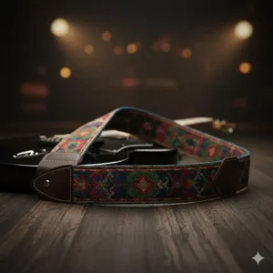 High-quality embroidered vintage strap on a dark guitar, highlighting stylish and cool guitar accessories for musicians.