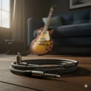 A high-quality braided instrument cable lying on the floor, showcasing good guitar accessories for electric guitars.