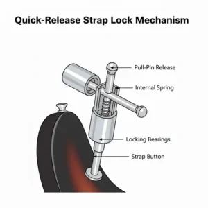 Internal view of the quick-release spring mechanism found in professional bass guitar strap locks.