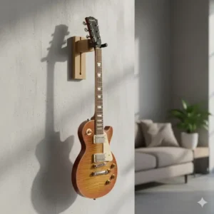 Minimalist wooden wall mount hanger as part of modern cool guitar accessories for home display.