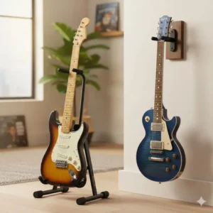 Sturdy wall mounts and floor stands showcased as the best electric guitar accessories for safe storage.