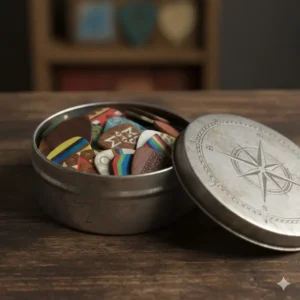 An assortment of boutique handcrafted picks in a metal tin, featuring unique cool guitar accessories details.