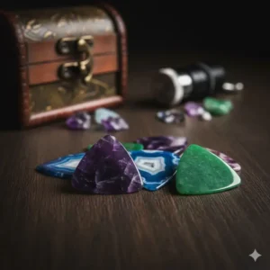 Premium gemstone and luxury stone plectrums presented as high-end cool picks for guitar.
