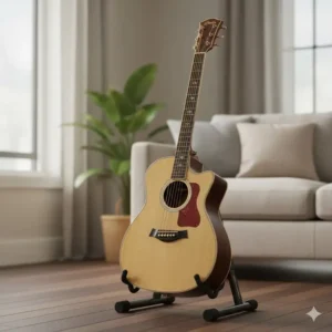 A portable A-frame floor stand holding a guitar, an important item in a list of good guitar accessories.